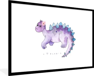 Produktbild von MuchoWow® Gerahmtes Poster Dinosaurier - Lila - Kinderzimmer - Mädchen - Kinder - Rosa - Kind 90x60 cm - Poster mit Schwarzem Bilderrahmen Wandposter Rahmen Foto Bilder - Wanddekoration - Fotos