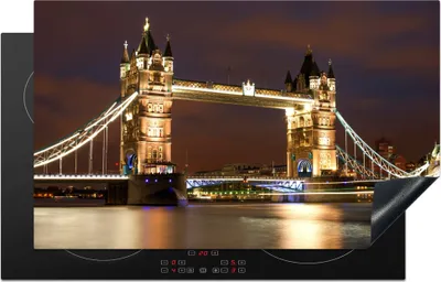 Produktbild von KitchenYeah© Herdabdeckplatte London - Nacht - Brücke , 85x52cm, Küche Deko, Glaskeramikkochfeld Herdabdeckung, Abdeckplatte fùr Kochfeld