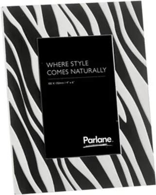 A product image of a photo frame with a zebra print.