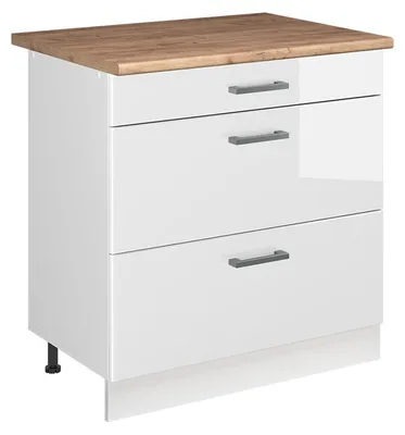 Imagen del producto de Mueble bajo de cocina Vicco R-Line Blanco alto brillo/Blanco 80 cm con 3 cajones encimera Roble dorado, Model 72373