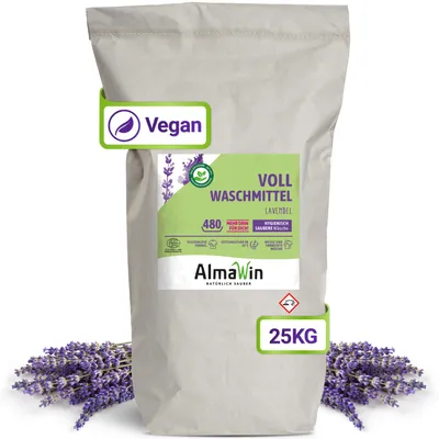 Produktbild von AlmaWin® Vollwaschmittel Pulver [25kg - 480 Ladungen] mit Lavendel-Duft für strahlende Reinheit - Waschmittel Pulver für alle weißen & farbechten Textilien [30-95°C] - Veganes Voll-Waschpulver