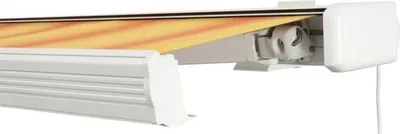 Produktbild von SOLUNA Kassettenmarkise Exquisit 4x3,5 Stoff Dessin 320180 Gestell RAL 9010 reinweiß Antrieb rechts inkl. Motor und Wand