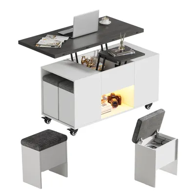 Produktbild von Couchtisch mit 4 Hockern& LED, Verwandlungs Esstisch, ausziehbarer Tischplatte, Universalrad, Höhenverstellbar, Spart Platz, 105 * 100/50 * 55.5 cm