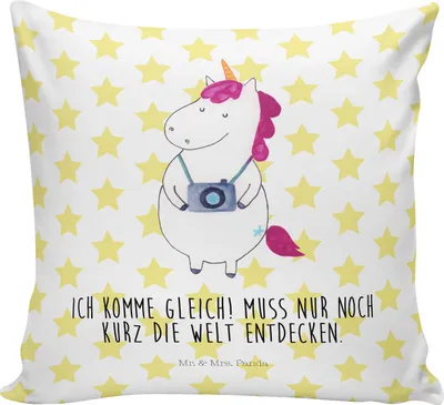 Produktbild von Mr. & Mrs. Panda kissen für sofa Einhorn Fotograf - Weiß - Geschenk, Fotografie, Dekokissen, Unicorn, Polster, 40x40, Einhörner, Reisen, Kamera, bedruckt, Couchkissen