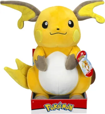 A plush toy of the Pokemon character Raichu is displayed in its packaging.