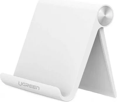 A white phone stand with a silver accent.