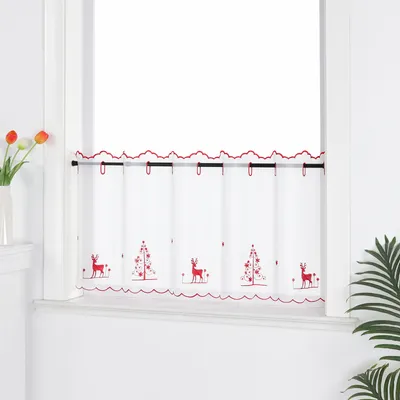 Produktbild von Joyswahl Weihnachtliche Scheibengardine mit Rote Tannenbäume & Rentieree Stickerei Bistrogardine Festliche Fensterdeko für Küche Bad Tunnelzug Transparent Weiß HxB: 45x120cm, 1 Stück
