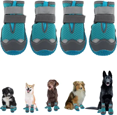 Image de Bottes pour Chien 4pcs Chaussures pour Chien Antidérapant Respirantes Réglables avec Sangles Réfléchissantes pour Chiens de Taille Petit Moyenne Grande, Bleu Lac 6#, Largeur 6cm