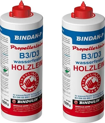 Produktbild von Bindan-P 2 x Propellerleim Holzleim 1000 g Flasche inkl. Leimspachtel, Microfasertuch und Pinsel (2000 gr.)