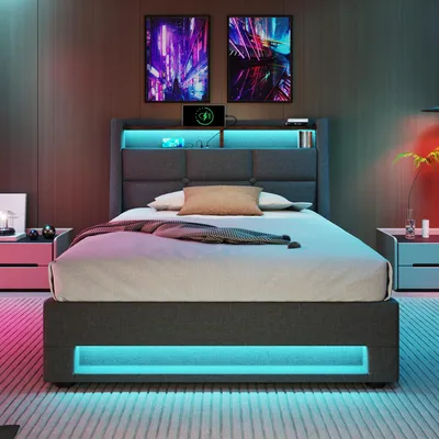 Image de Lit avec sommier à lattes métalliques, dimensions 90x200, équipé de ports USB et de LED, revêtement en lin, idéal pour les jeunes, sans matelas.