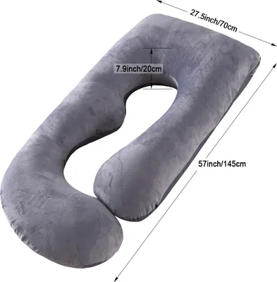 A U-shaped pregnancy pillow with dimensions indicated by text overlays.