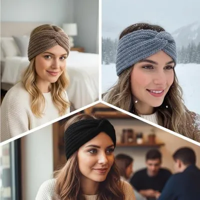 Produktbild von 4 gestrickte Winter-Stirnbänder für Damen, elastische Ohrenwärmer für Mädchen und Frauen, Haar- und Kopfband für Aktivitäten im Freien