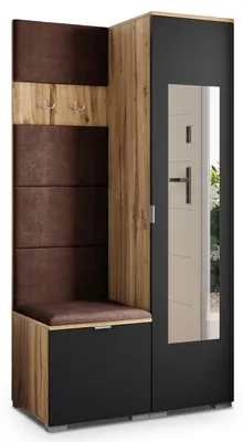 Produktbild von Masseno Garderobe-Set VIRA 95/181/51 cm Modern Garderobenschrank Eiche Wotan, Veloursstoff MONOLITH 29 (Braun)