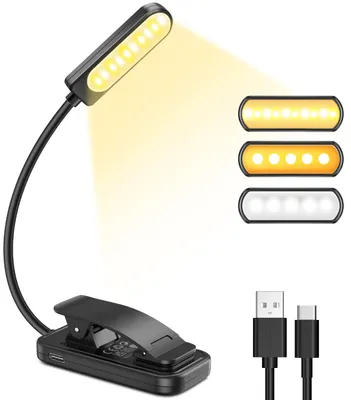 Produktbild von Leselampe Buch Klemme, GARITE 10 LED Buchlampe mit Stufenloser Dimmung, 3 Farbmodi (Warm/Kühl/Weiß), USB Wiederaufladbare Klemmlampe, 360° Faltbare Leselampe für Nachtlesen, Buch, Bett, Büro, Reisen –