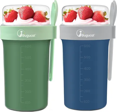 Obrázok produktu pre Nádoba na müsli Bugucat 560ML + 230ML zelená, nádoba na jogurt s lyžičkou a viečkom