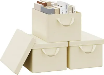 Produktbild von WOLTU 3er Set Aufbewahrungsboxen mit Deckel, mit Griffen, faltbar, Creme : 20L(38x27x20 cm) Größe: 20L(38x27x20 cm)