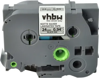 Produktbild von vhbw Schriftband-Kassette kompatibel mit Brother PT 2400 E, 2450, 2400, 2420 PC, 2430 PC, 2450 CC Etiketten-Drucker 8m x 24mm Schwarz auf Matt-Silber
