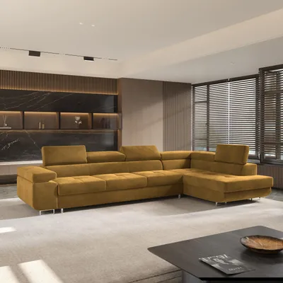 Produktbild von Masseno Ecksofa VICENTE mit Schlaffunktion L-Form, Sofa mit Bettkasten, Wohnzimmersofa, Couch, Soffa, Bettsofa, Couchgarnitur- Gelb, MONOLITH 48