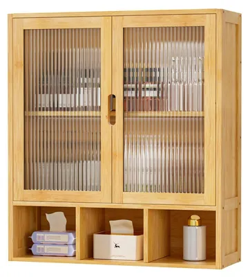 Immagine prodotto di Mobiletto da bagno a parete in bambù - Sospeso - 59 x 22 x 66 cm - Anta magnetica trasparente - Armadietto per bagno a muro, mobiletto per wc