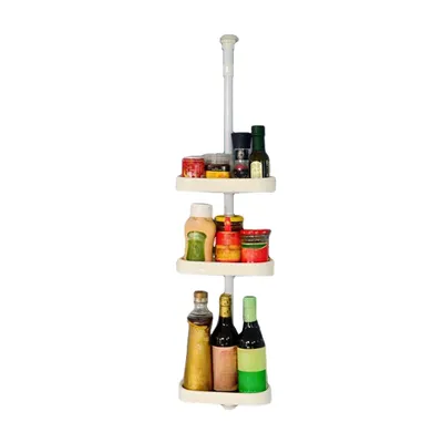 A corner shelf unit holding various bottles and jars.