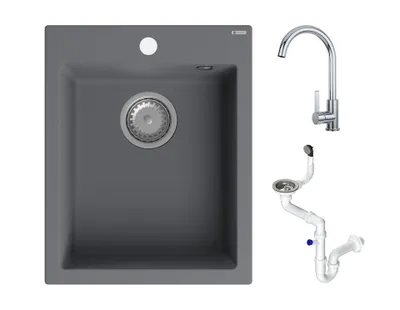 Produktbild von GRANMASTER Ivo Granitspüle mit Armatur 1 Becken mit Siphon in 3 Farben - Spülbecken Arbeitsplatte Küche Waschbecken mit Wasserhahn, Spüle