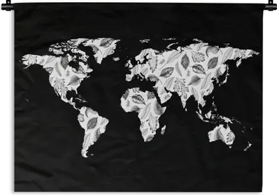 Produktbild von MuchoWow® Wandteppich Wandbehang Weltkarte - Pflanzen - Schwarz 150x112 cm Tapisserie Dekoration Wandtuch - Wanddecke - Wandteppiche