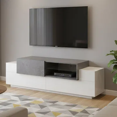 Image de Andris - Meuble TV, 160x45x51 cm Blanc Brillant, 2 Étagères Fabriqué en Italie