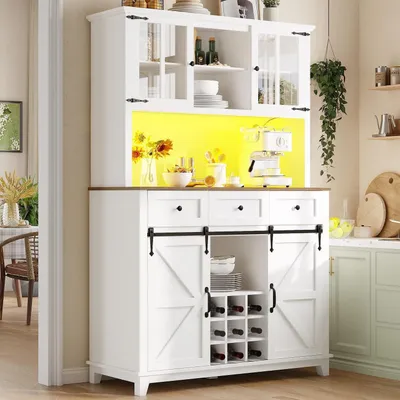 Zdjęcie produktu dla Wysoka szafka kuchenna z oświetleniem LED, drzwiami przesuwnymi, półką na wino, 3 szufladami, wymiary: 105x38,4x180 cm, kolor: biały