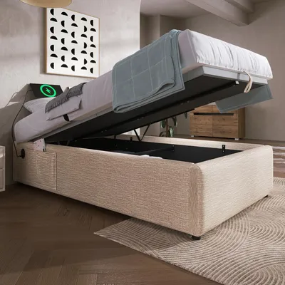 Produktbild von Einzelnes Polsterbett ohne Kopfteil mit vollflächigem Lattenrost und USB-C-Anschluss, natürlicher Leinenbezug, perfekte Schlaflösung - 90x200 cm
