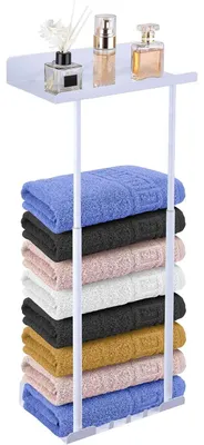Obrázek produktu pro Držák na ručníky do koupelny, výsuvný, 41-75 cm, matná bílá barva, s háčky a poličkou, bez nutnosti vrtání