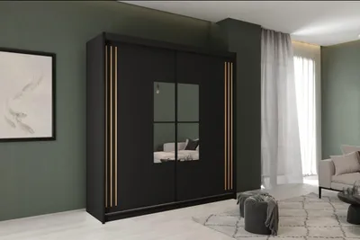 Produktbild von Krudox JAM Schiebetürenschrank Schwarz mit Votan-Lamellen und Spiegel 203x216x62 cm Kleiderschrank mit 4 Kleiderstangen