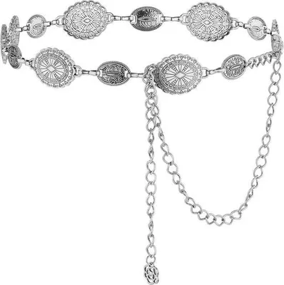 Produktbild von Damen Verstellbarer Kettengürtel Concho Western Cowgirl Taillengürtel Schmaler Vintage Kleidergürtel für Konzertoutfit - Stilvolles Accessoire.