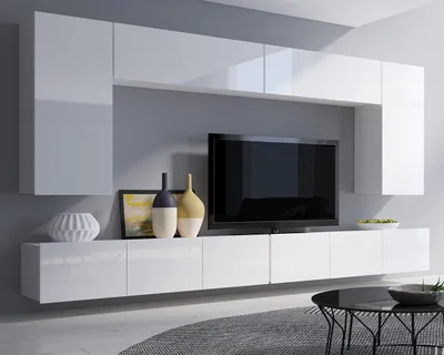 Produktbild von Wohnwand Amanda VII, Wohnzimmer-Set, Anbauwand, Schrankwand, Mediawand 300cm Breite (Weiß + Weiß Hochglanz)