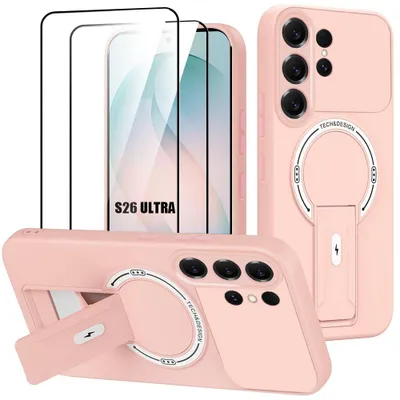 Image de Coque + 2 Verres Trempés pour Samsung Galaxy S26 Ultra, avec Support et Cercle Magnétique - Rose