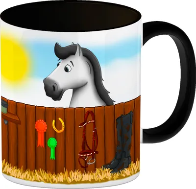 Produktbild von Kaffeebecher Henkel und Innenseite Schwarz mit weißes Pferd Motiv