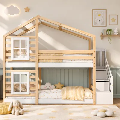 Image de INONEFT : Lit en bois massif, 90 x 200 cm, lit superposé avec fenêtre et sommier à lattes, lit pour adolescents avec baldaquin et barrières de sécurité, lit pour enfants, couleur bois, Image générée par une IA