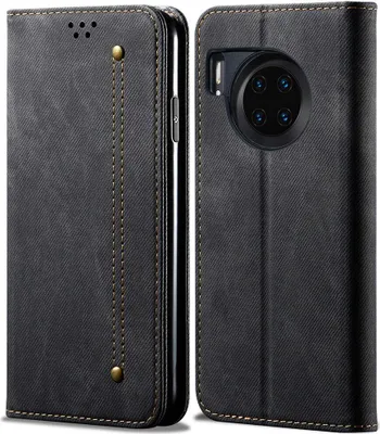 Produktbild von Huawei Mate 30 Hülle, LaimTop Denim Leder Brieftasche Magnetverschluss Flip Bookstyle Schutzhülle mit Standfunktion für Huawei Mate 30 Schwarz
