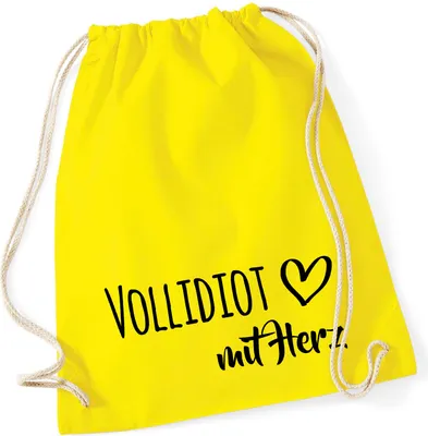 Produktbild von Huuraa Turnbeutel Vollidiot mit Herz 12 Liter Yellow Baumwolle Rucksack Geschenkidee