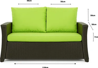 A studio shot of a two-seater sofa with green cushions and a brown woven base, with dimensions indicated by lines and text.