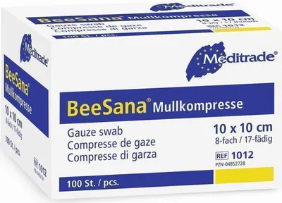 Produktbild von 10x Meditrade BeeSana® Mullkompresse, unsteril - 100 Stück - 10 x 10 cm | Packung (100 Stück)
