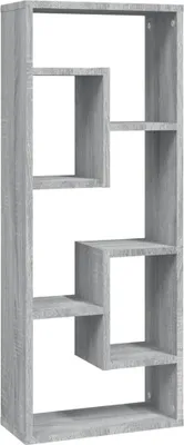 A tall, narrow, grey wooden bookshelf with an asymmetrical design.