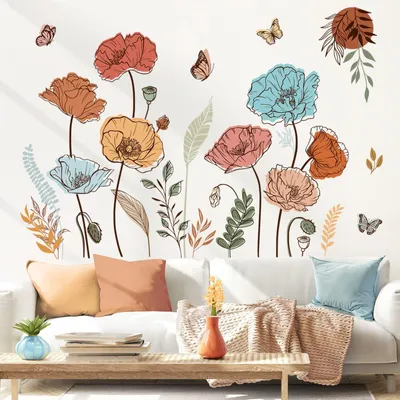 Produktbild von Dailygoody – Boho-Blumen-Wanddeko – Wandsticker mit Schmetterlingen – Wasserfest – Mehrfarbig – Blumen und Pflanzen – Geeignet für Kinderzimmer und Wohnzimmer…