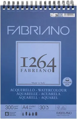 Produktbild von Honsell 19100649 – Aquarellblock von Fabriano mit Spiralbindung, 1264, 300 g/m², DIN A4, 30 Blatt, naturweiß
