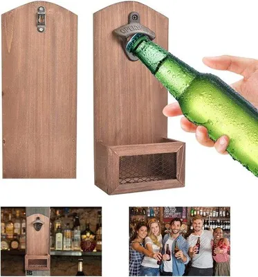 Zdjęcie produktu dla Drewniany otwieracz do butelek, do montażu na ścianie, 30 cm