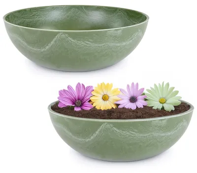 Image de Bacs à plantes d'extérieur : lot de 2 bacs décoratifs ronds verts style vintage, 25 cm