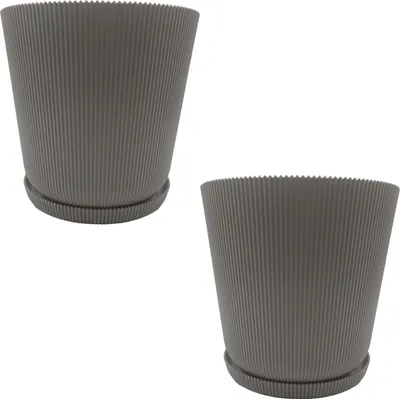 Obrázok produktu pre Relaxdays Kvetináč, sada 2 ks, kvetináč s podšálkou, drážkovaný, V x Š: 20 x 20 cm, kvetináč na bylinky, plast, svetlosivý