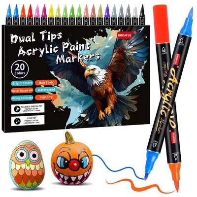 Image de Stylos à peinture acrylique pour pierres, coffret de 20, résistants à l'eau, lavables au lave-vaisselle, double embout, non toxiques