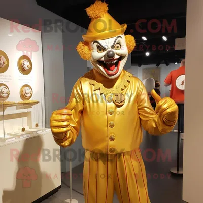 Productafbeelding van Gold Evil Clown mascotte REDBROKOLY kostuum karakter gekleed met een Henley-shirt en manchetknopen