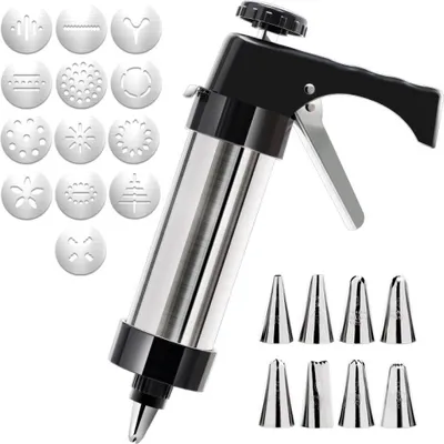 A cookie press with various attachments and nozzles, displayed against a white background.