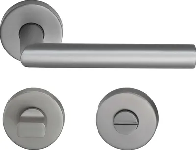 A set of door hardware, including a lever handle and two rosettes, displayed against a white background.